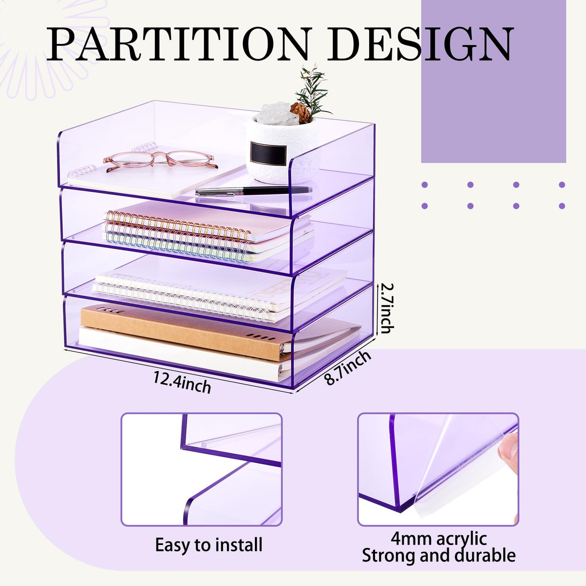 Harloon 4 Tier Paper Organizer Clear Purple Letter Tray Acrylic File Tray