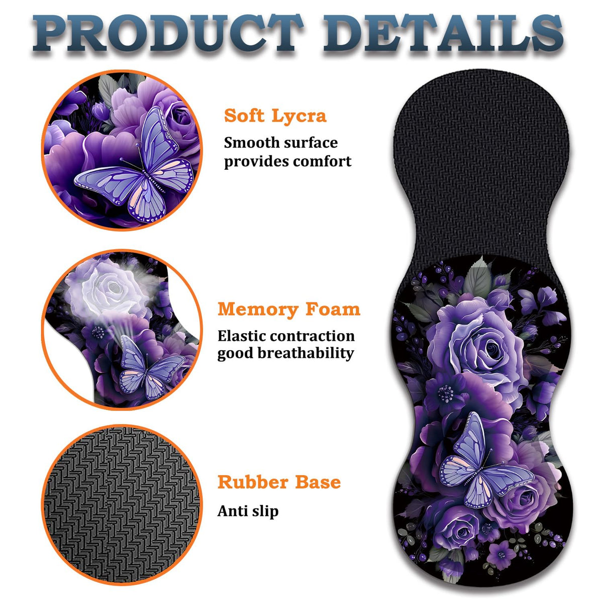 3-Piece Butterfly and Purple Flowers Mouse Pad Set, Including Wrist Support Pad and Cup Holder
