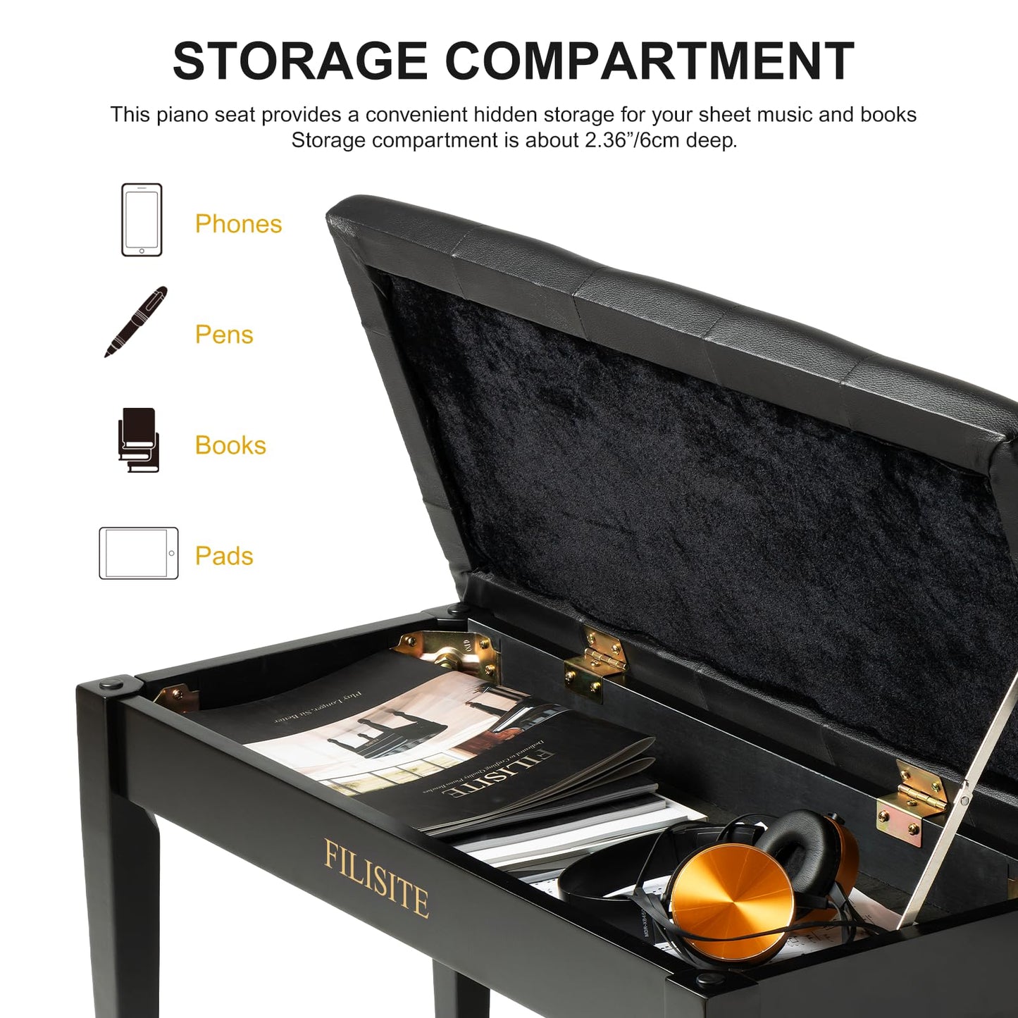 FILISITE Duet Piano Bench with Storage, Wooden Piano Stool with Waterproof Padded Cushion, Bench