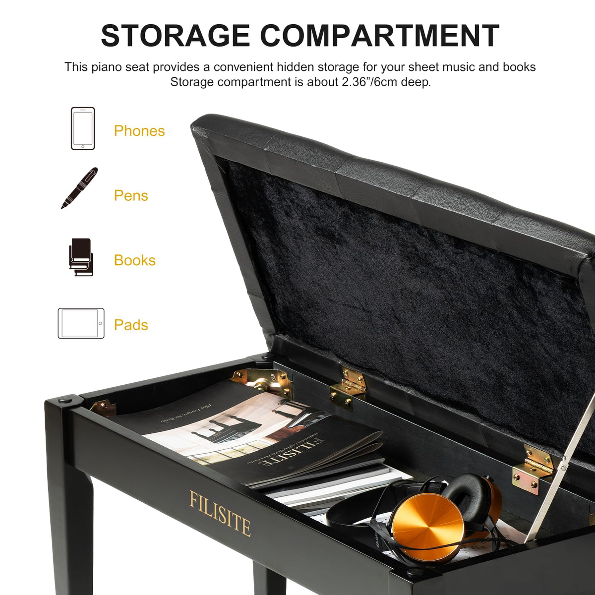 FILISITE Duet Piano Bench with Storage, Wooden Piano Stool with Waterproof Padded Cushion, Bench