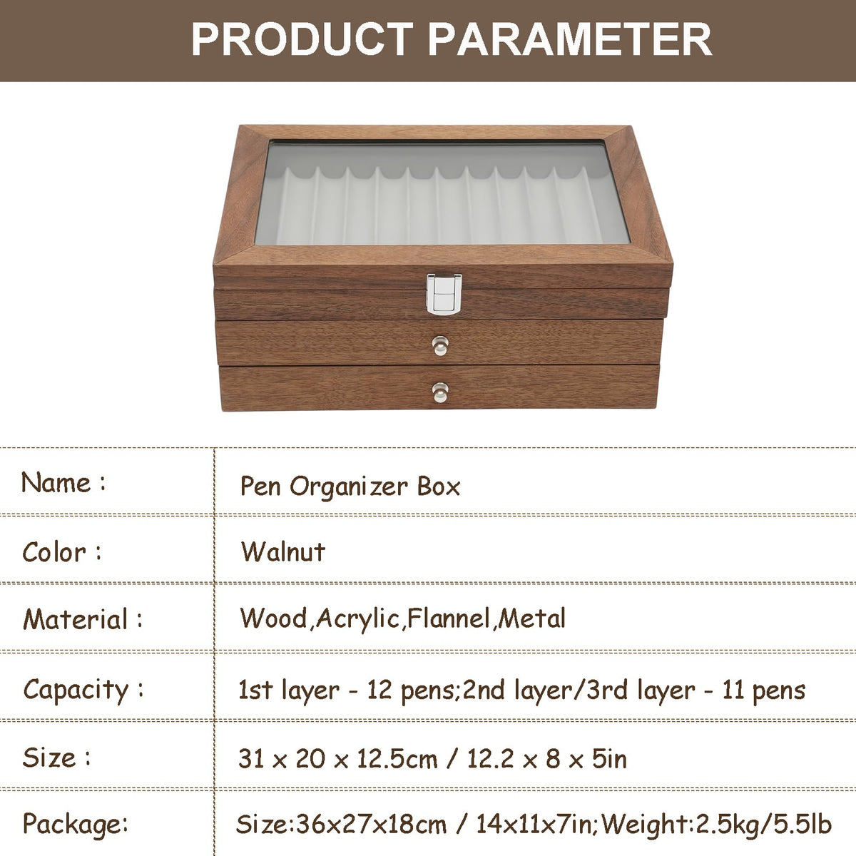 WUPYI 3 Layer Wood Pen Display Box 34 Pen Organizer Box,Pen Display Case Storage and Fountain Pen