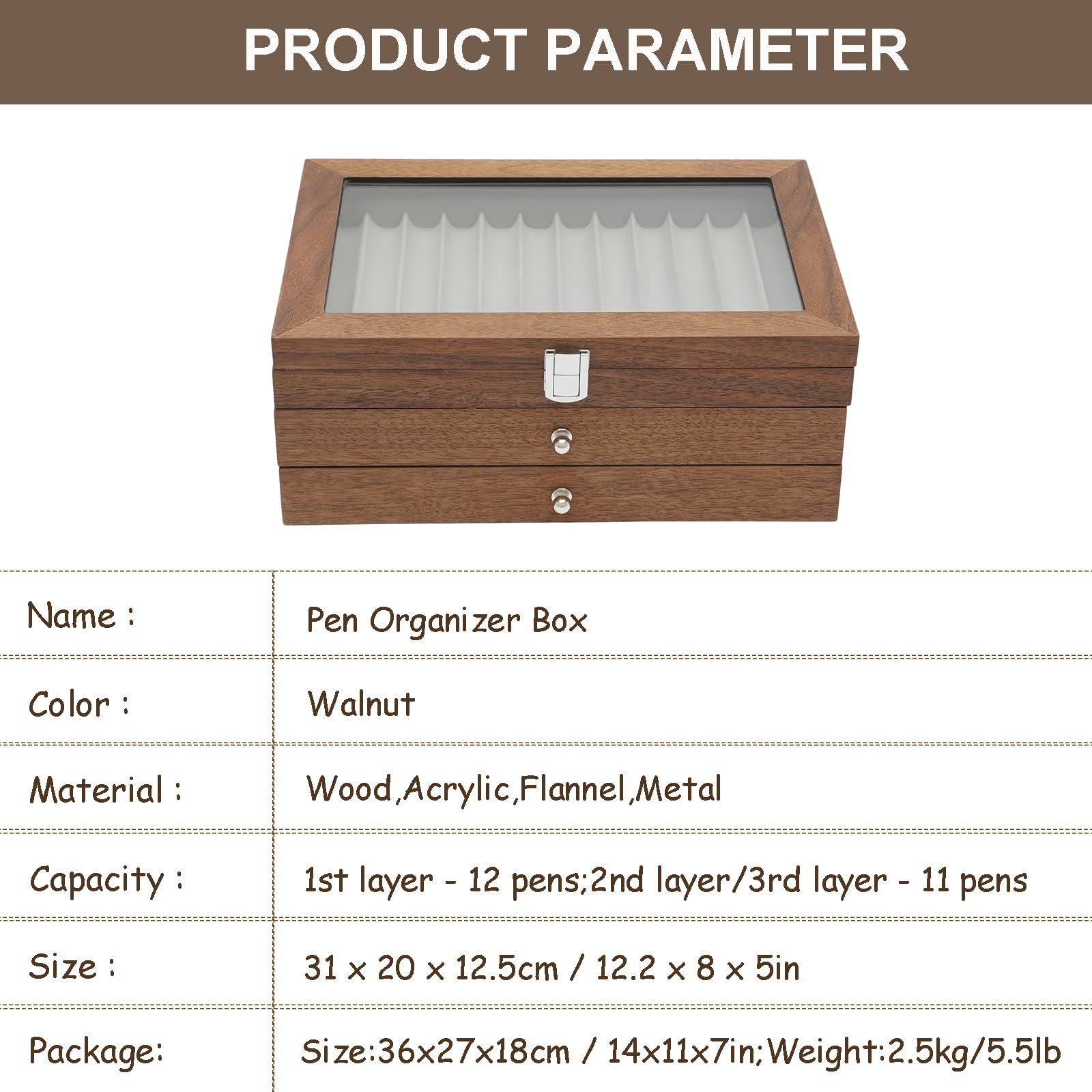 WUPYI 3 Layer Wood Pen Display Box 34 Pen Organizer Box,Pen Display Case Storage and Fountain Pen