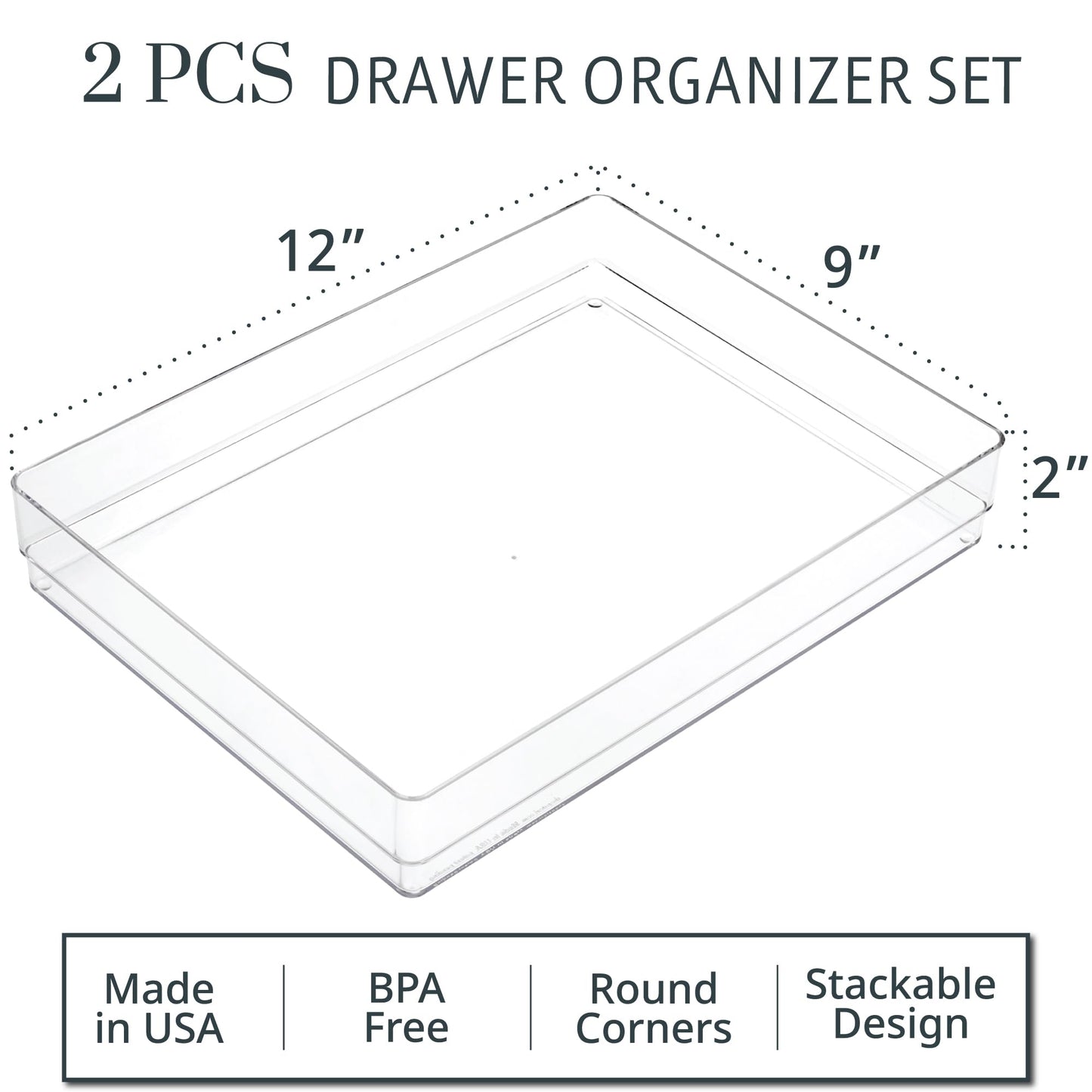 STORi SimpleSort 2-Piece Stackable Clear Drawer Organizer Set | 12" x 9" x 2" Rectangle Trays |