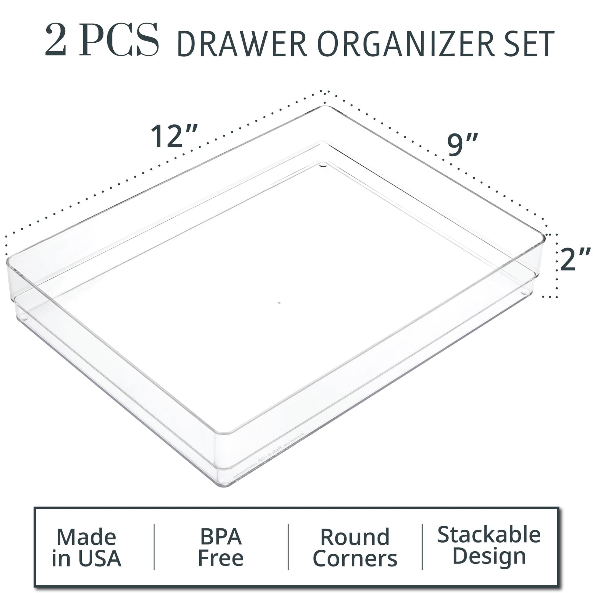STORi SimpleSort 2-Piece Stackable Clear Drawer Organizer Set | 12" x 9" x 2" Rectangle Trays |