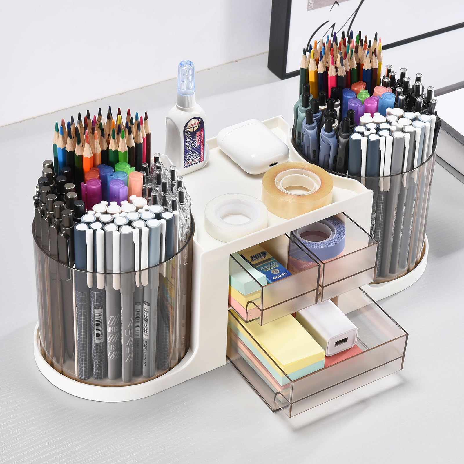 KLIONGO Rotating Desk Organizer with 2 Pen Holder, Desk Organizers and Accessories with 10 Slots