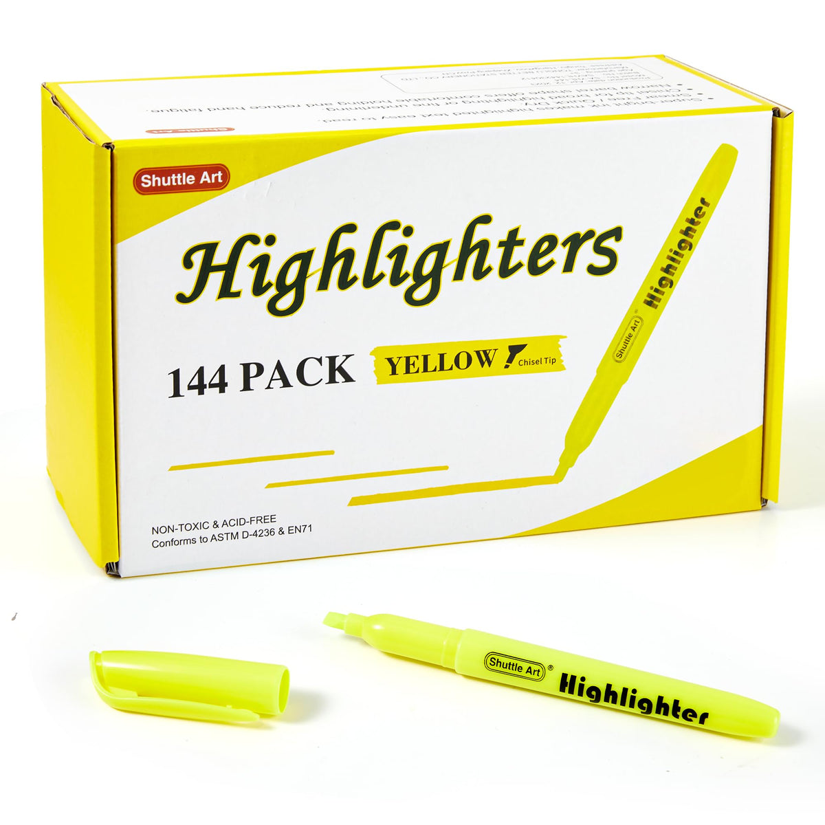 Shuttle Art 144 Pack Highlighters, Yellow Highlighter Pen Bulk with Versatile Chisel Tip