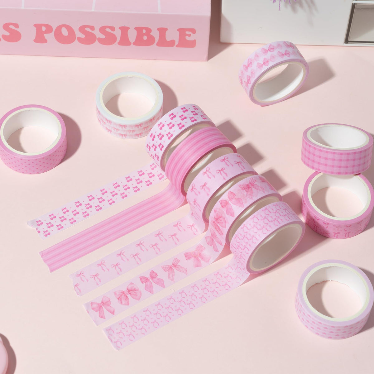 BkeeCten Pink Bow Washi Tape Trendy Cherry Preppy Aesthetic Decorative
