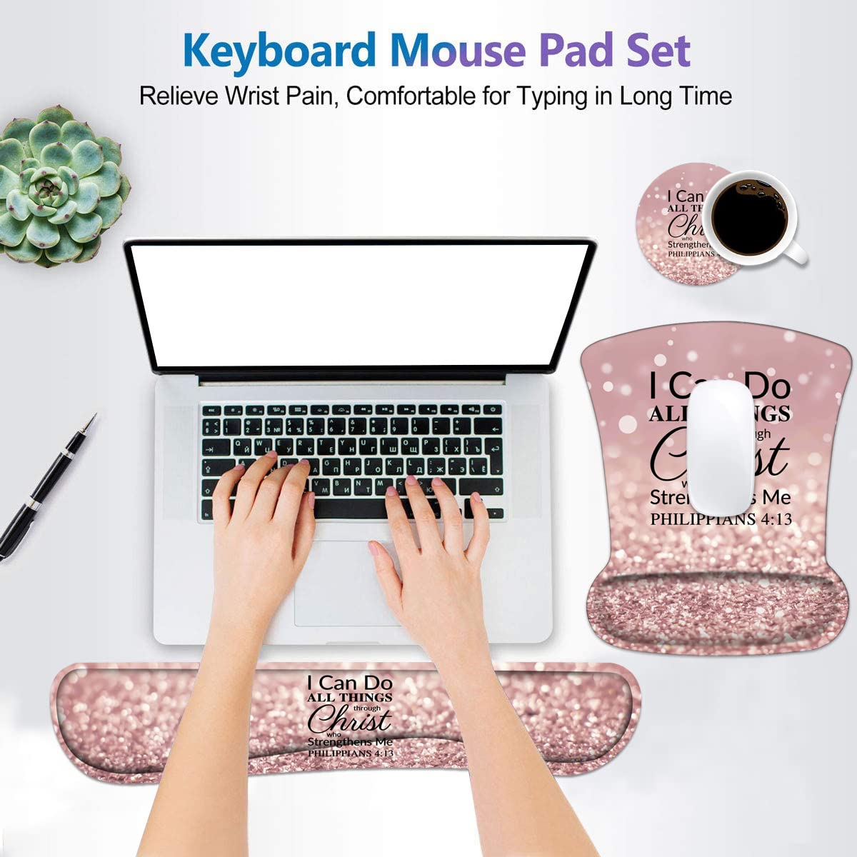 Keyboard Wrist Rest and Mouse Wrist Rest Pad Set with Coasters, Ergonomic Support, Non-Slip PU