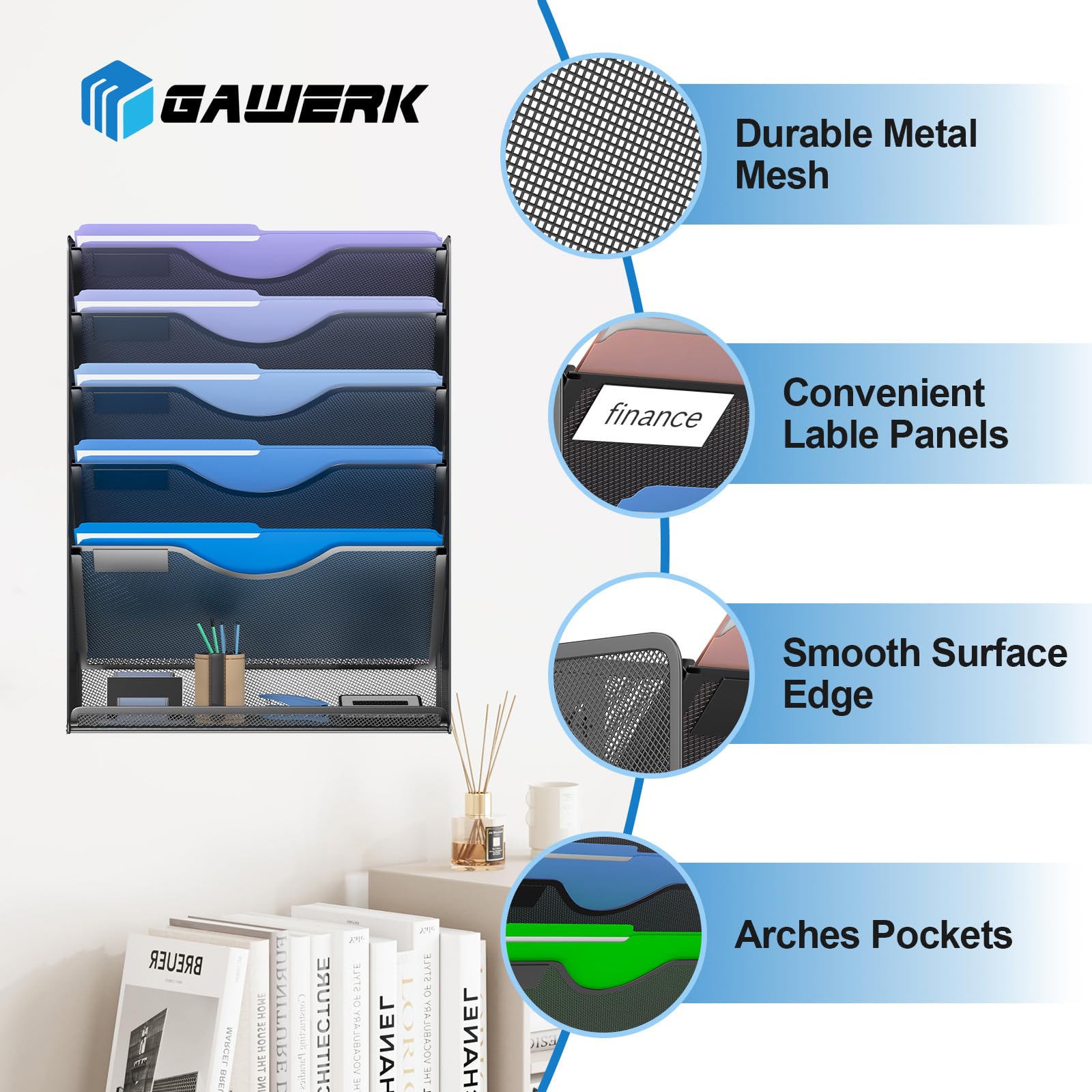 Gawerk 6 Tier Hanging File Organizer, Mesh Wall File Holder Paper Folder Rack with Bottom Flat Tray
