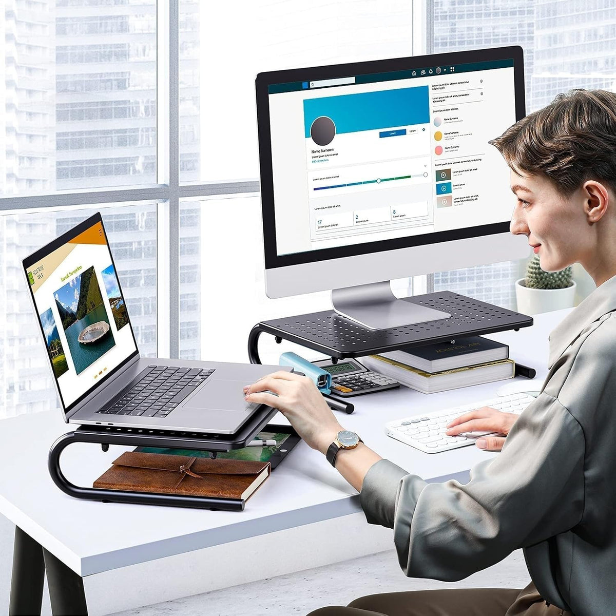HUANUO Monitor Riser for Desk, Laptop Stand with Vented Steel Shelf, 2 Pack