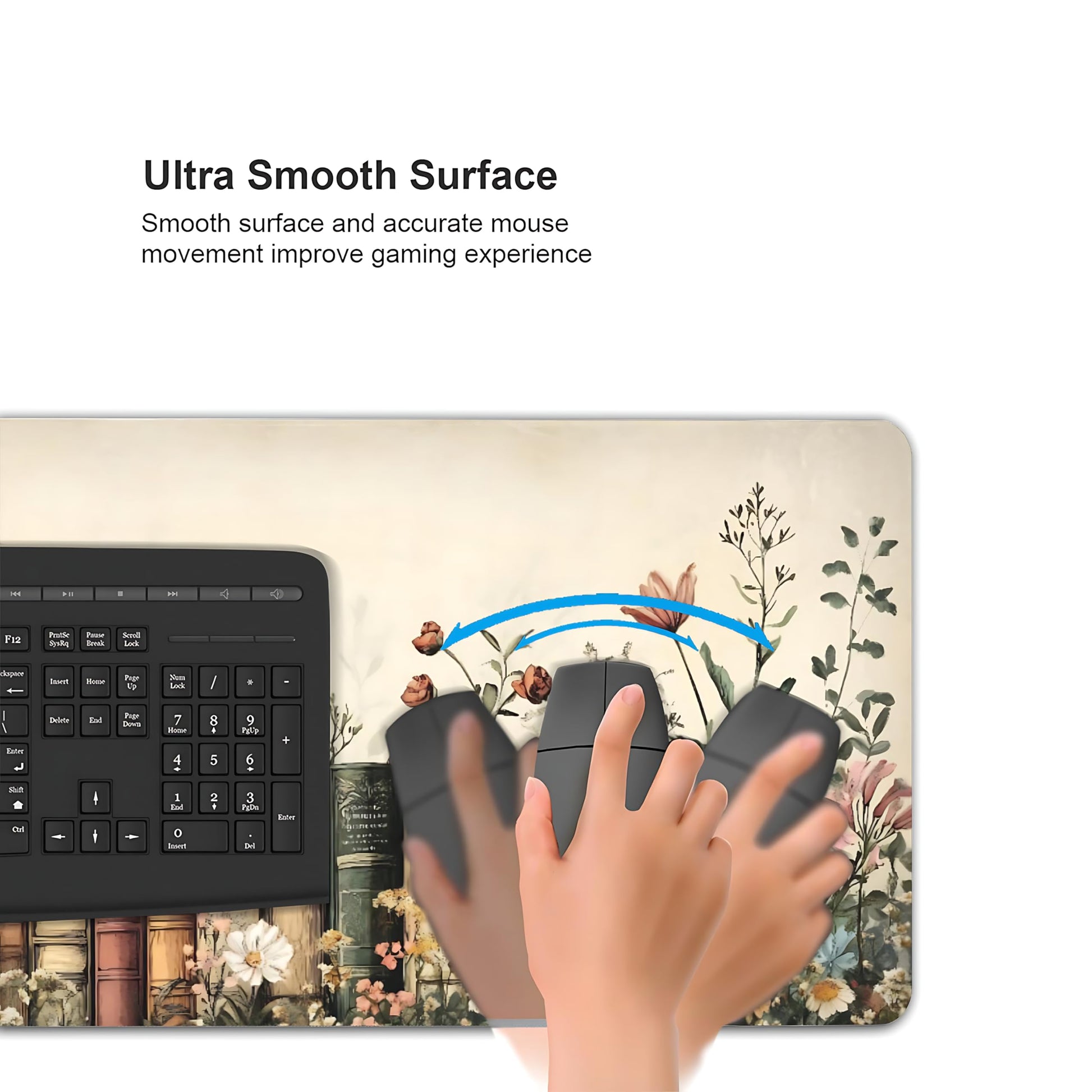 Floral Aesthetic Book Gaming Mouse Pad, Beige Vintage Botanical Desk Mat with Anti-Slip Base &