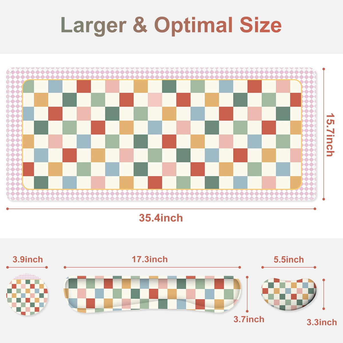 Vintage Macaron Checker Mouse Pad Set, 4 in1 Ergonomics Keyboard Desk Mat with Memory Foam Wrist
