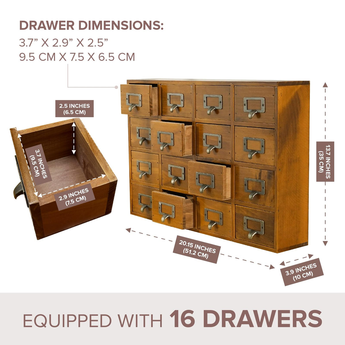Card Catalog Desk Drawer Organizer - Wooden Storage Box with 16 Drawers - Home Office Desk