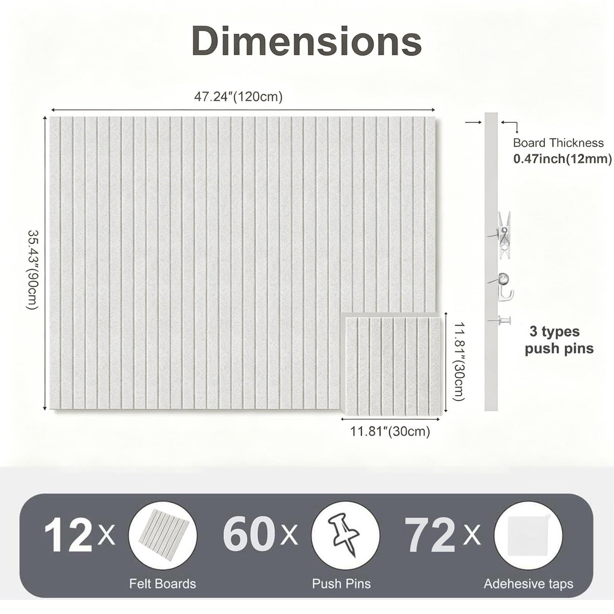 G Gamit 0.47" Thick Felt Pin Board 48"x36" Large Cork Board Alternative 12 Pack 11.81"x11.81"Felt