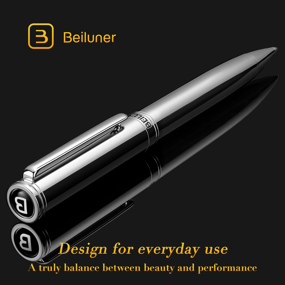 BEILUNER Silver Gel Pen - Luxury Featuring Bright Chrome Finishes, Black Ink Refill, Best Pen Gift