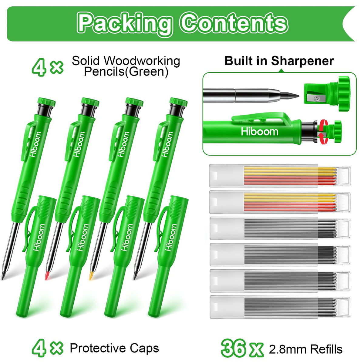 Hiboom 4 Pack Carpenter Pencil with 36 Refills Built In Sharpener (Green)