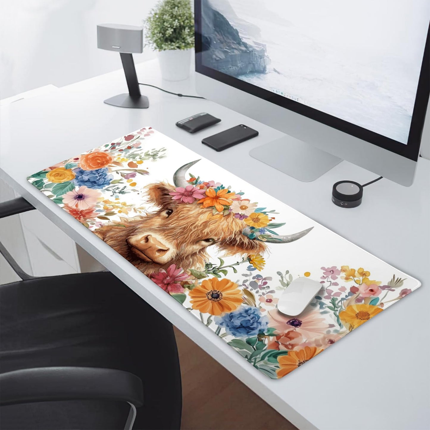 Aesthetic Highland Cow Gaming Mouse Pad XXL Cow Print Blue Orange Floral Extended Large Mat