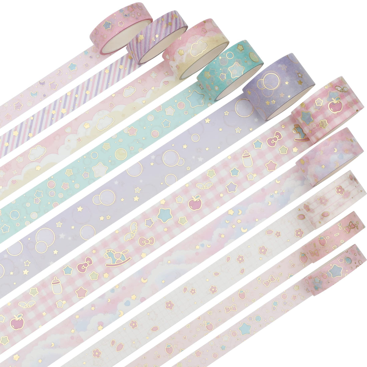 YUBX Creative Washi Tape Set 10 Rolls Gold Foil Print Decorative Masking Tapes for Arts, DIY