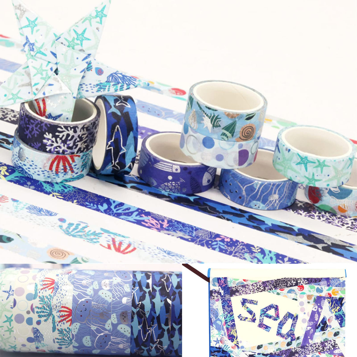 Esweny Blue Ocean Washi Tape Set 10 Rolls Bronzing Sea Decorative Masking Tapes for Scrapbooking