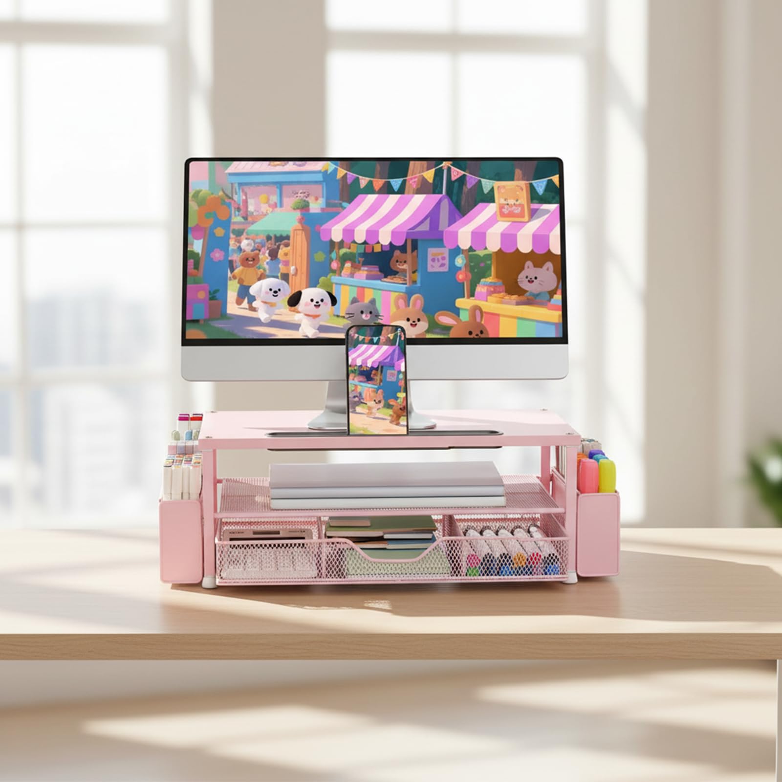 AUPSEN Pink Desk Organizers and Accessories, 2-Tier Wood Computer Monitor Stand with Drawer, Pen