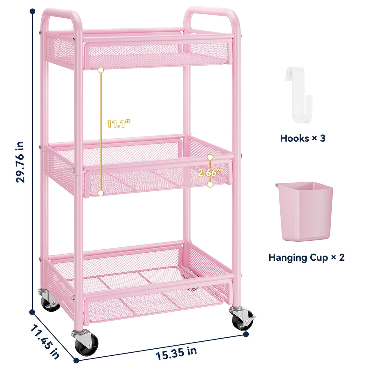YASONIC 3 Tier Metal Rolling Cart, Pink Utility Storage Cart with Wheels