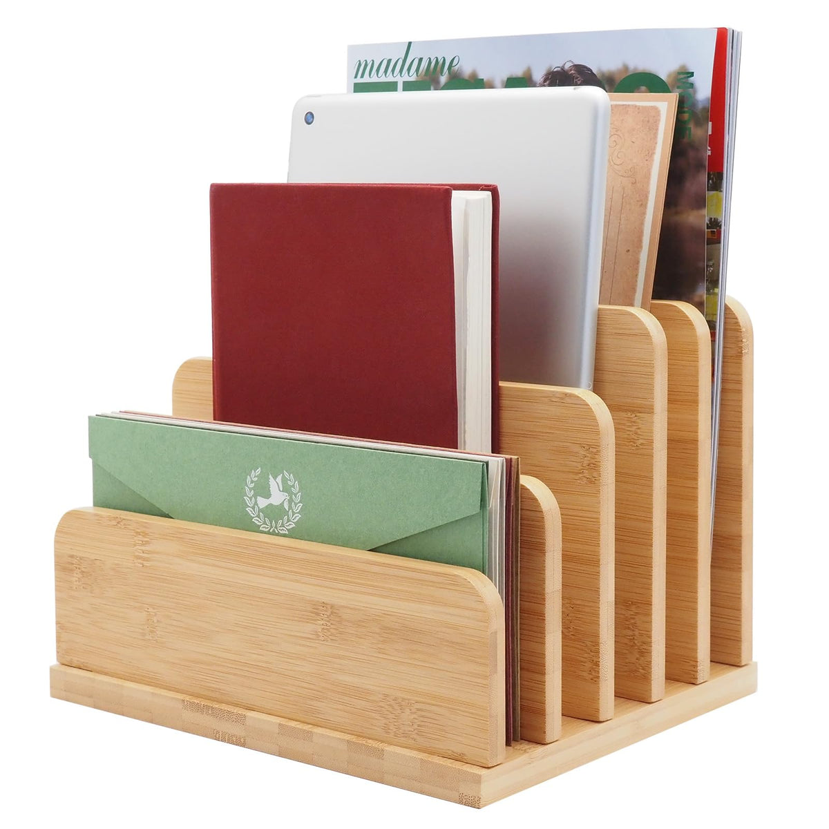 Deefielly Desk File Mail Organizer Countertop, 5 Slots Bamboo Folder Sorter Holder for Letter