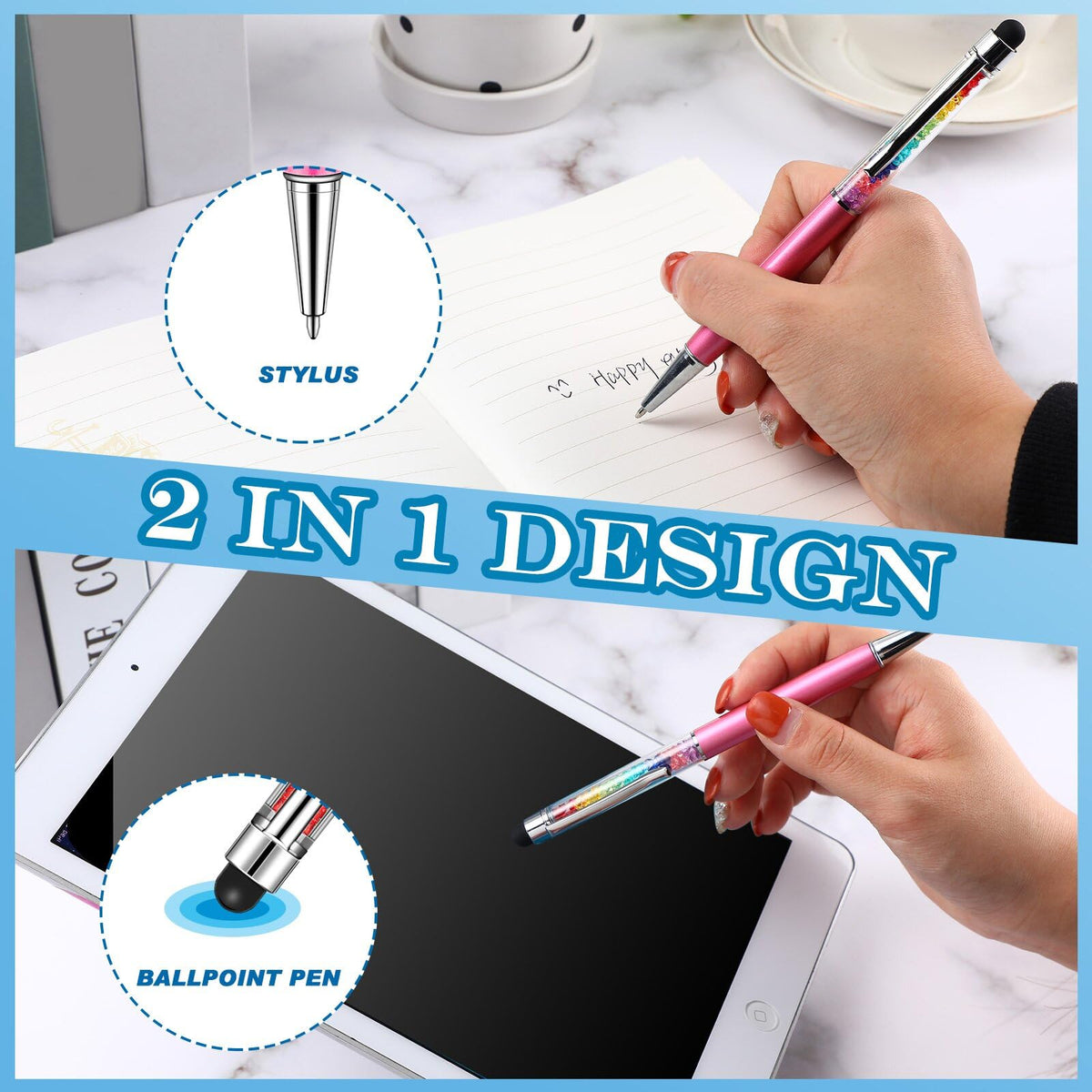 HESTYA 26 Pcs Crystal Stylus Ballpoint Pens 2-in-1 for Women, Cute Colors