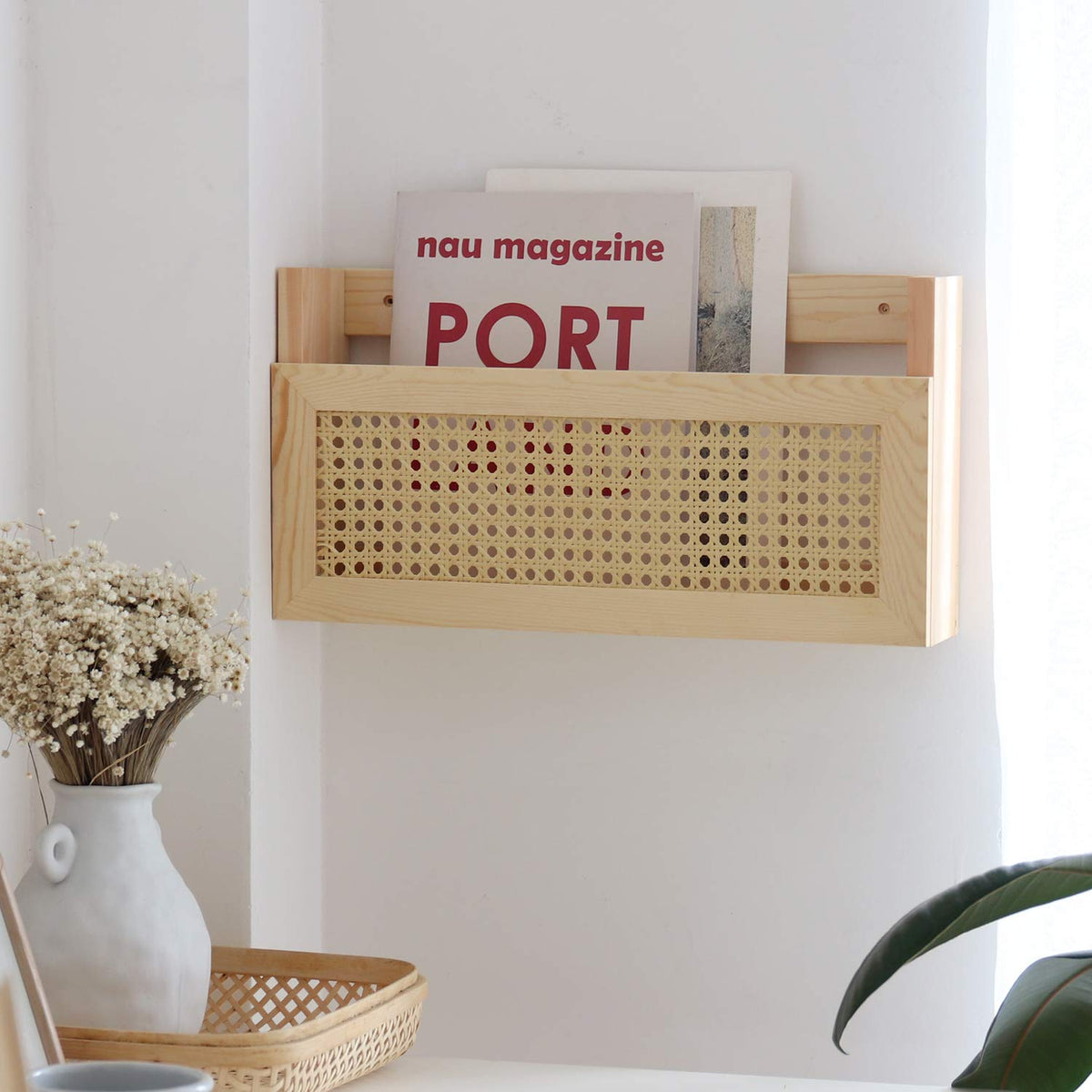FIRADE Wood Magazine Wall Rack with PE Rattan Grid,Size 17.3" x 4" x 9.4",File Holder For