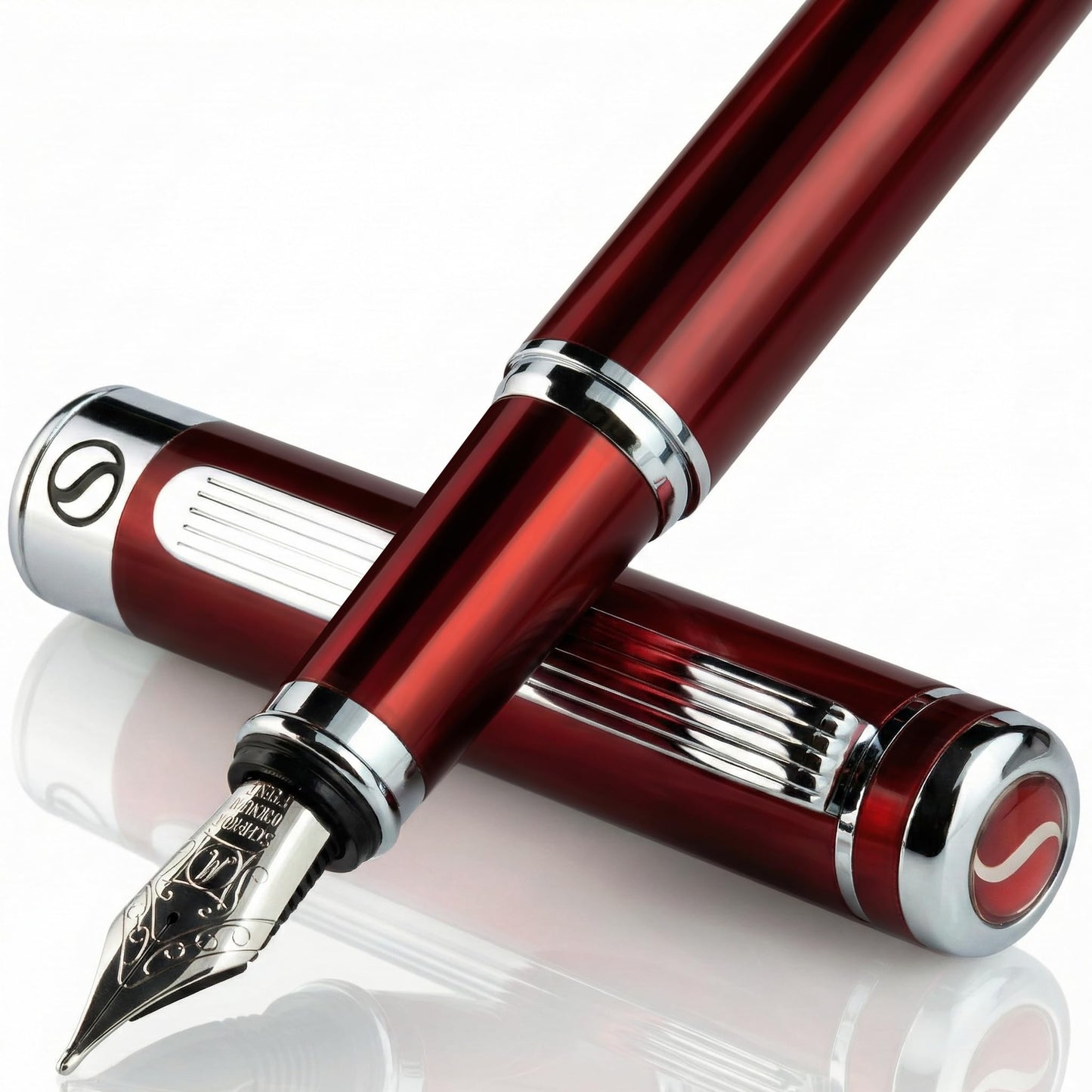 Scriveiner Deep Crimson Red Fountain Pen - Stunning Luxury Pen with Chrome Finish, Schmidt Nib