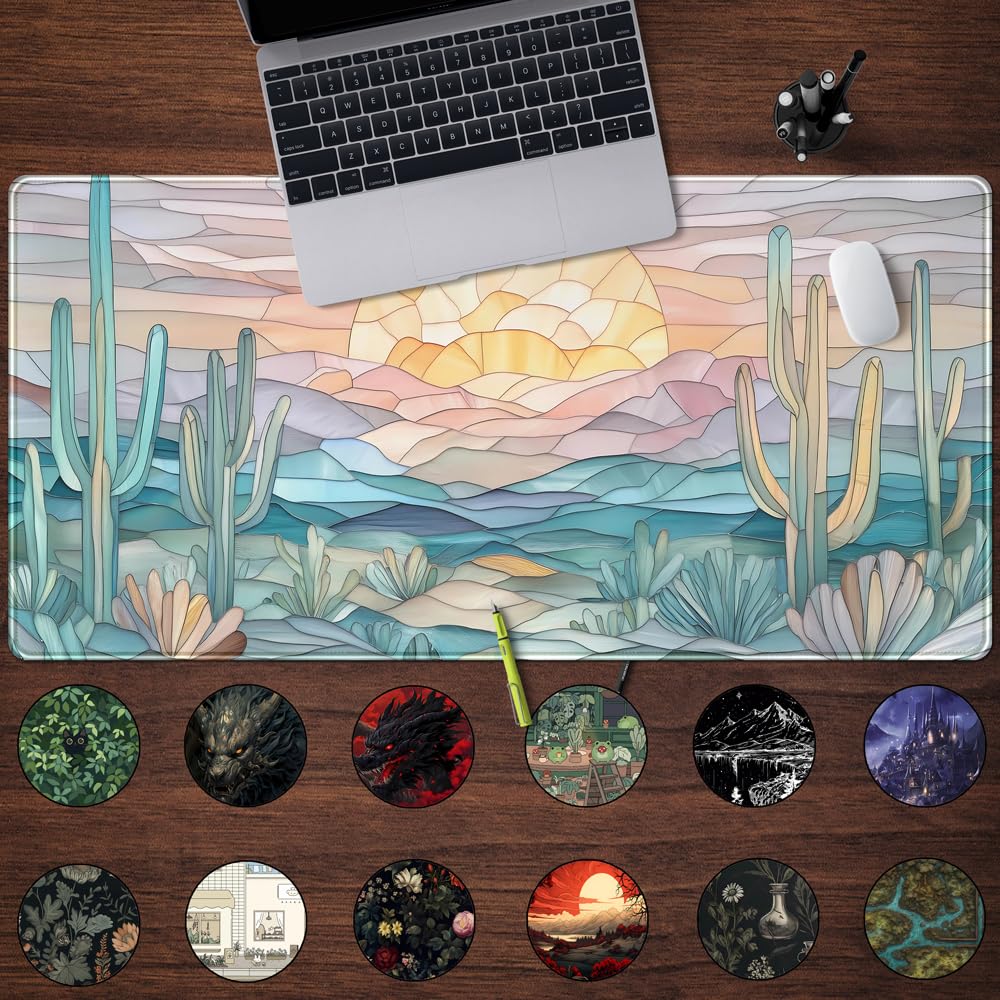 Desk Mat Gaming Abstract Ocean Desk Pad Large Mouse and Keyboard Pad, Faux Stained Glass Sun &