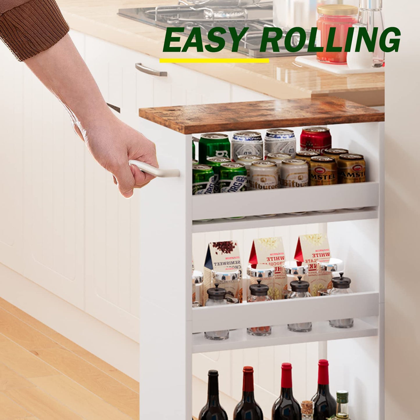 TEAMIX Slim Rolling Storage Cart, Wood 4-Tier Narrow Kitchen/Laundry Cart