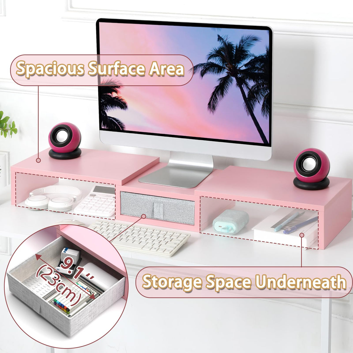 TEAMIX Pink Dual Monitor Stand Riser with Drawer - Length and Angle Adjustable Double Corner Desk