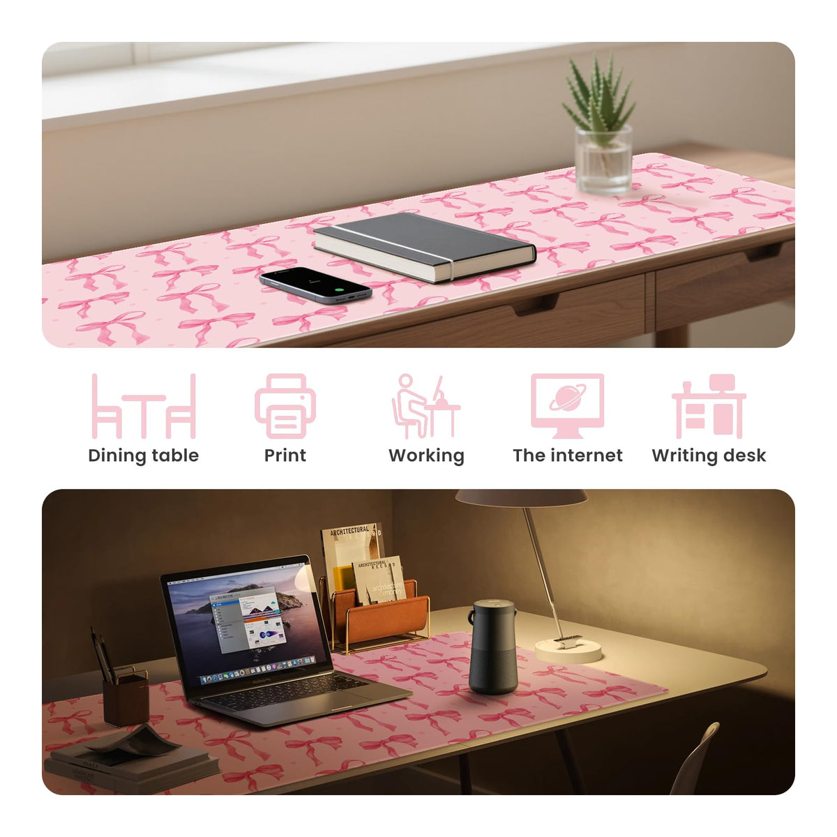 Pink Desk Mat, Bows Mouse Pad Computer Mat Desk Accessories 35.4 x 15.7in
