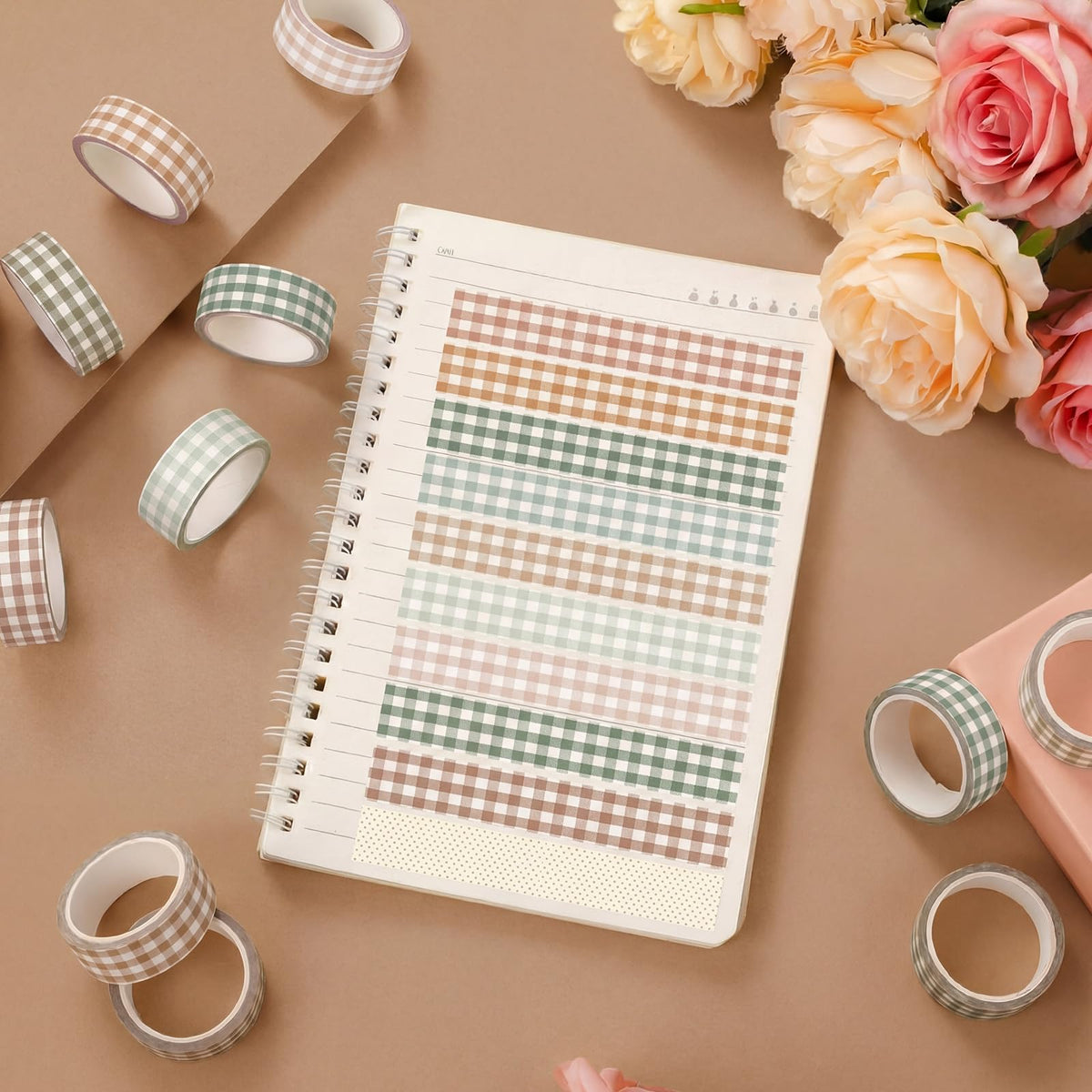 YooNotee 12 Rolls Floral Washi Tape Set,Boho,Gingham Plaid