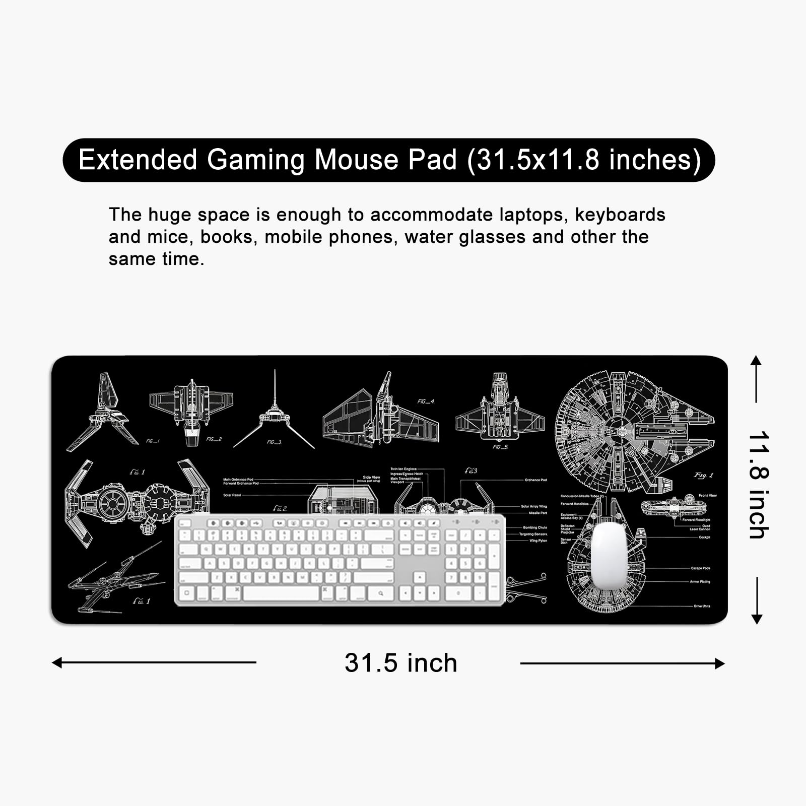 Black Gaming Mouse Pad Large Mouse Pad XL Desk Mat 31.5x11.8x0.12 inch Large Desk Pad Design