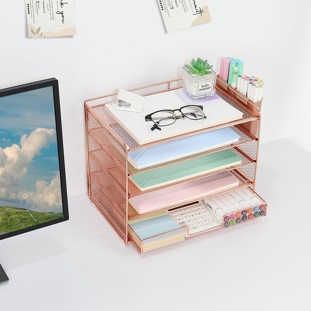 LEKETREE Desk Organizer and Accessories, 5-Tier Paper Letter Tray Organizer with Drawer & 2 Pen