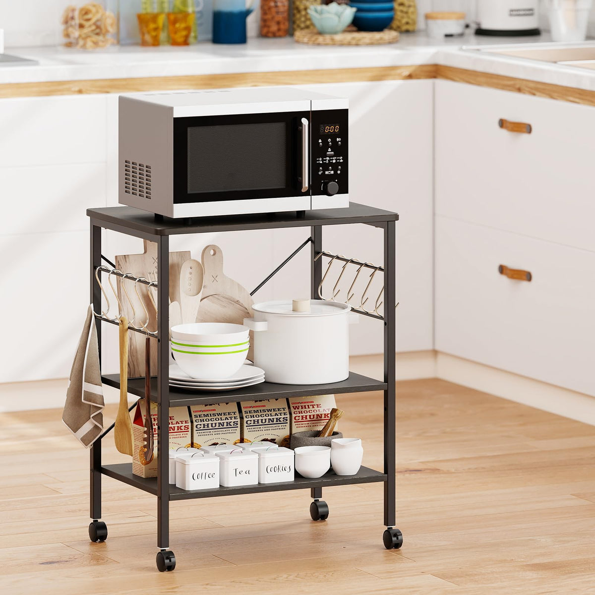 GIANTEX Kitchen Bakers Rack 3-Tier Microwave Cart on Wheels, Industrial Utility Bar Cart with 10