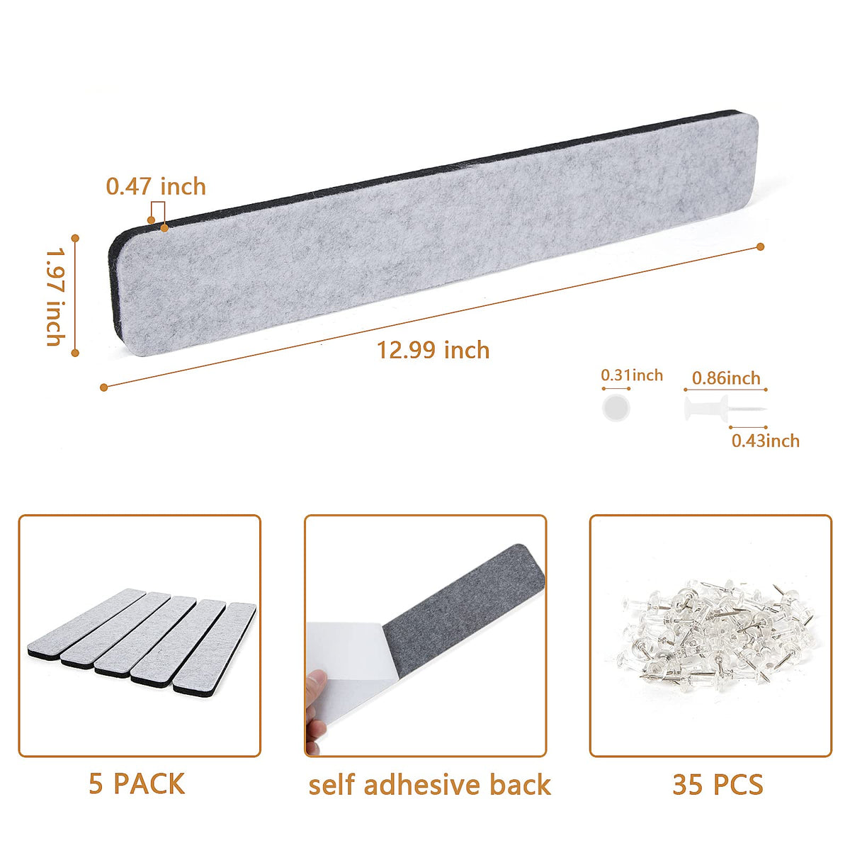 5 Pack Felt Pin Board Bar Strips Bulletin Board for Bedrooms Offices Home Wall Decoration, Notice