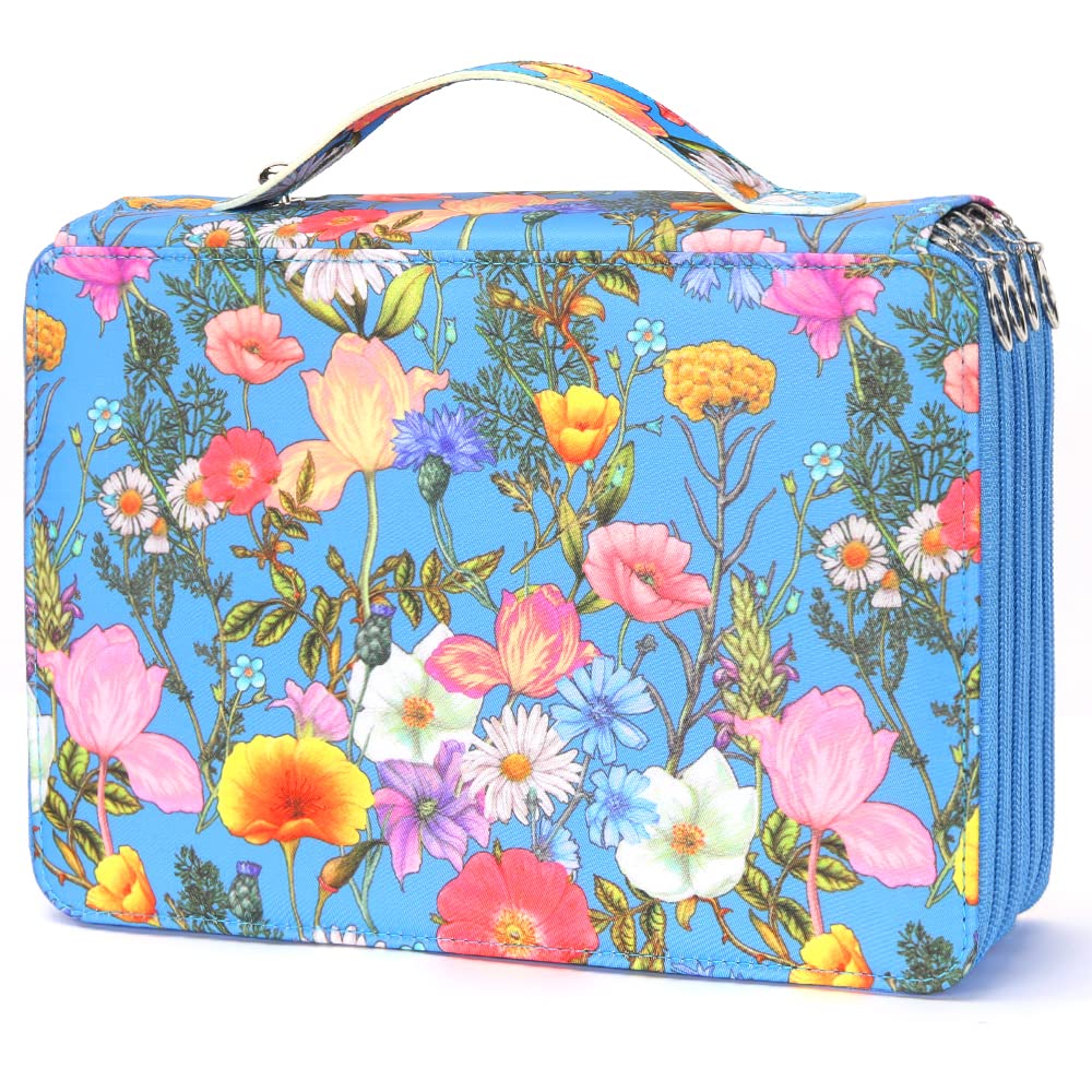 Vomgomfom 200 Slots Pencil Case 4-Layer PU Leather, Handle, Blue Flower