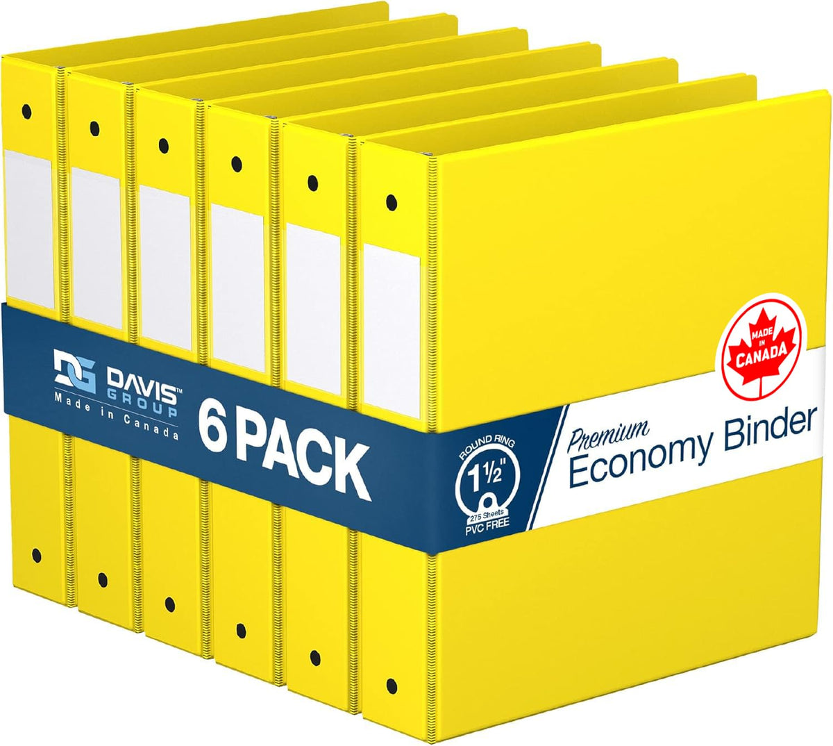 Premium Economy 3-Ring Binder, Spine Label, 1.5" Round Rings, Yellow, 6 Pk