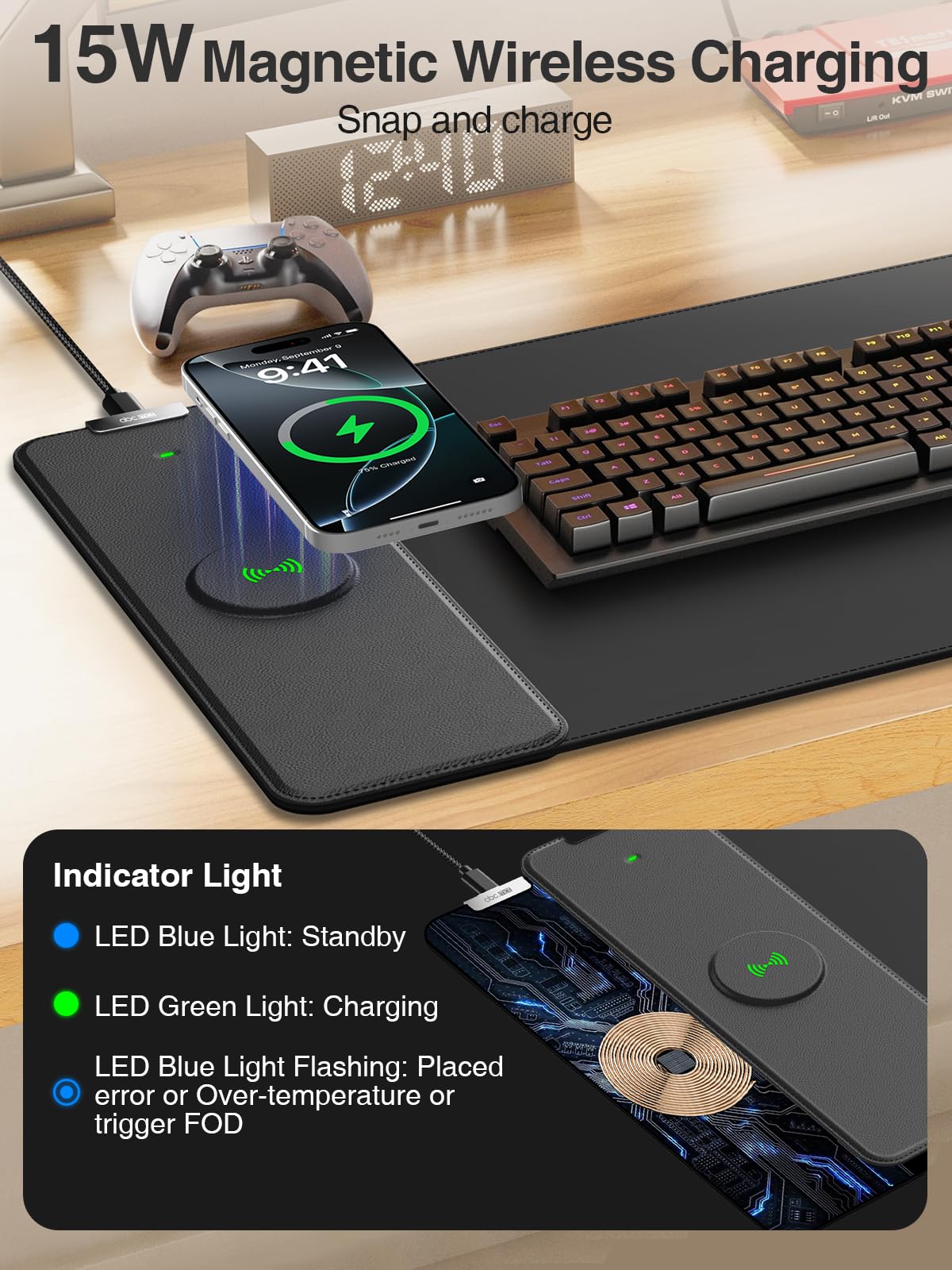 Magnetic Wireless Charging Mouse Pad, 31.5"x11.8" Large Desk Mat
