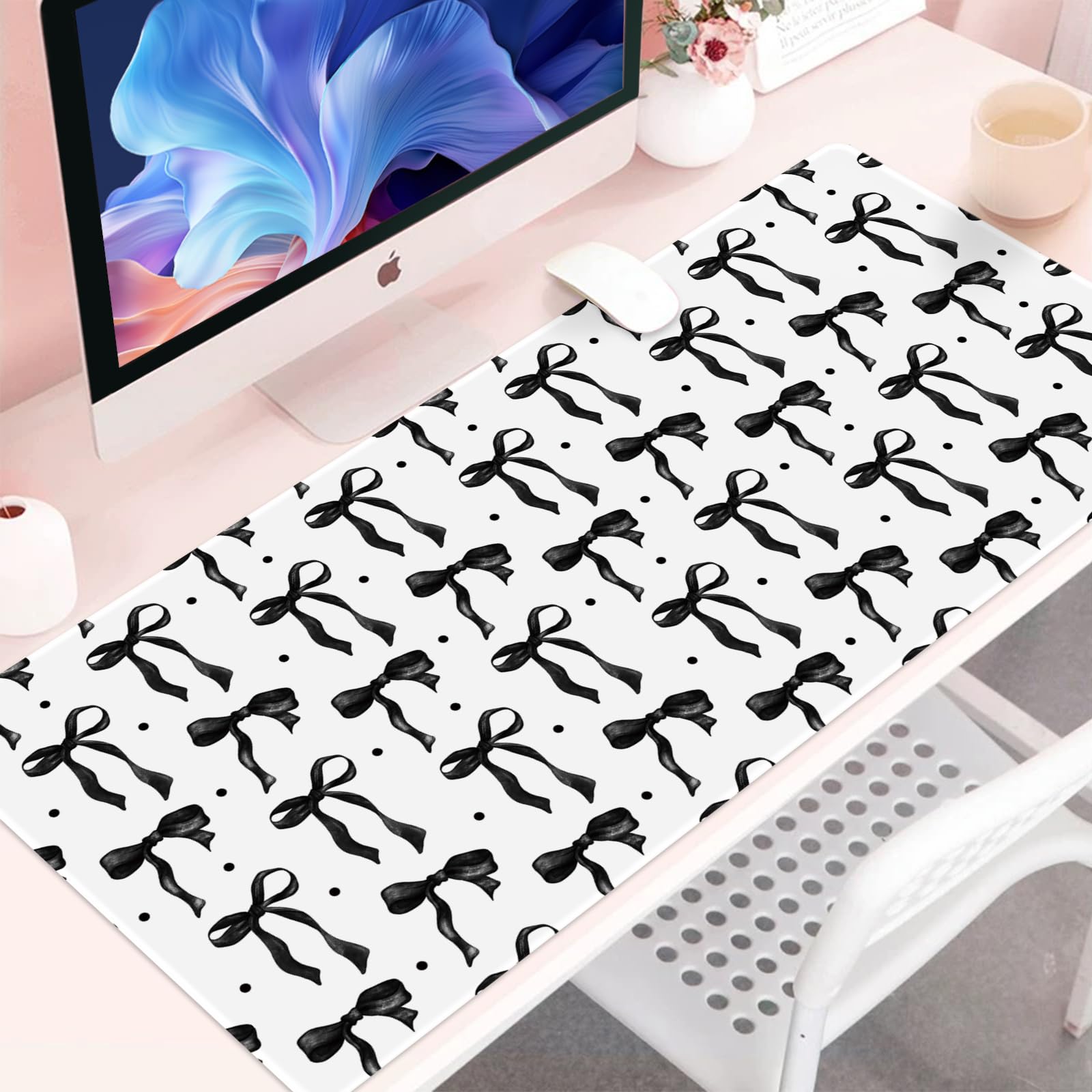 White Black Bows Mouse Pad, Desk Mat Keyboard Mat for Computer 35.4x15.7in