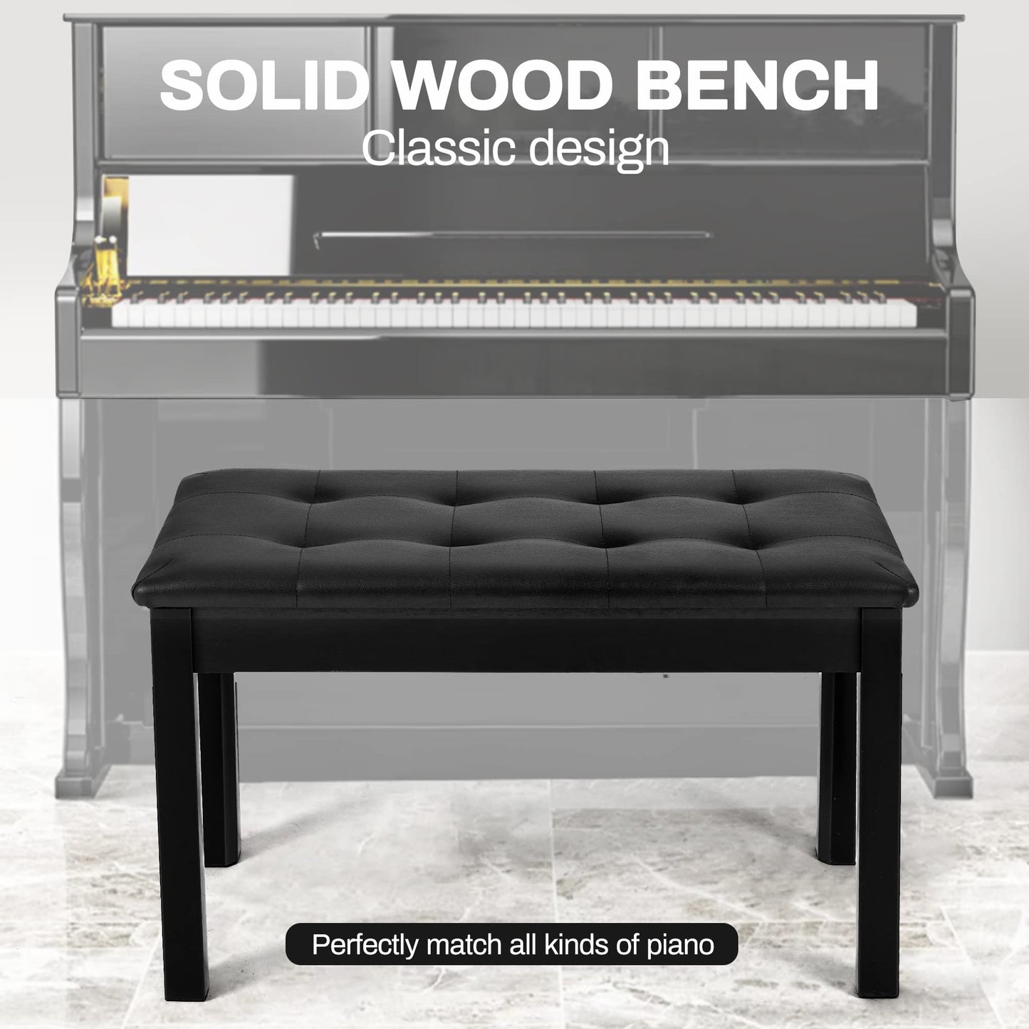 Wooden Duet Piano Bench with Padded Cushion and Storage Compartment, Black