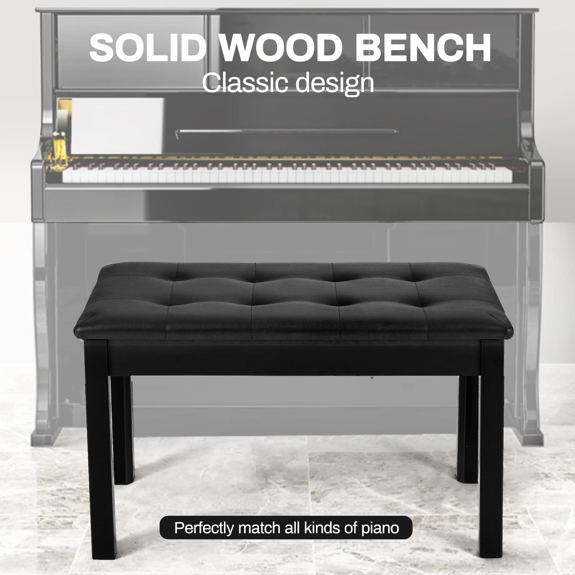 Wooden Duet Piano Bench with Padded Cushion and Storage Compartment, Black