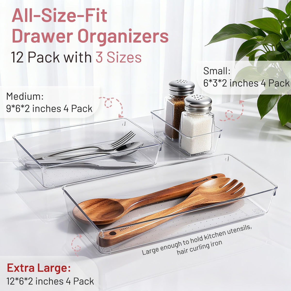 CHOWAY 12 Pack Large Clear Drawer Organizer Trays, 3 Sizes, Non-Slip