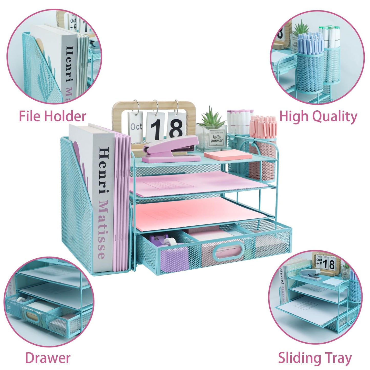ideallife Desk Organizers and Accessories with File Holder, 4-Tier Paper Letter Tray Organiser with