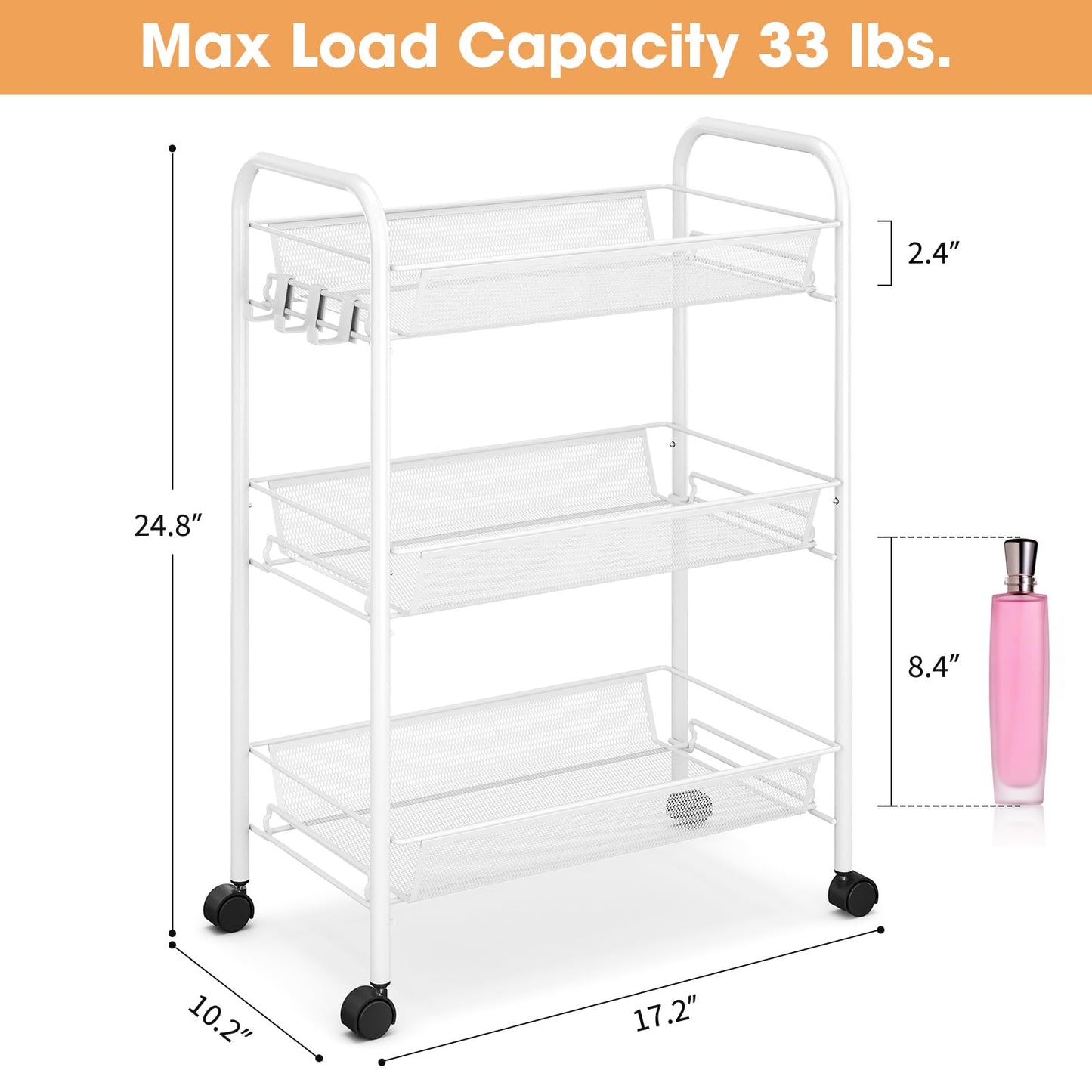 TOOLF 3 Tier Rolling Cart, Metal Utility Storage Cart with Wheels, White