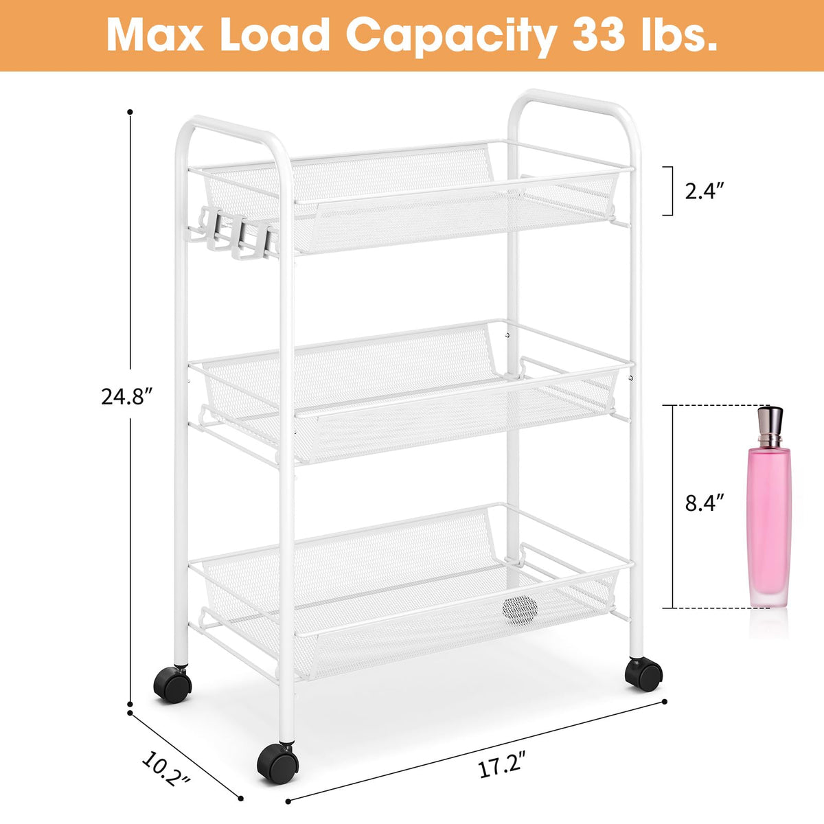 TOOLF 3 Tier Rolling Cart, Metal Utility Storage Cart with Wheels, White