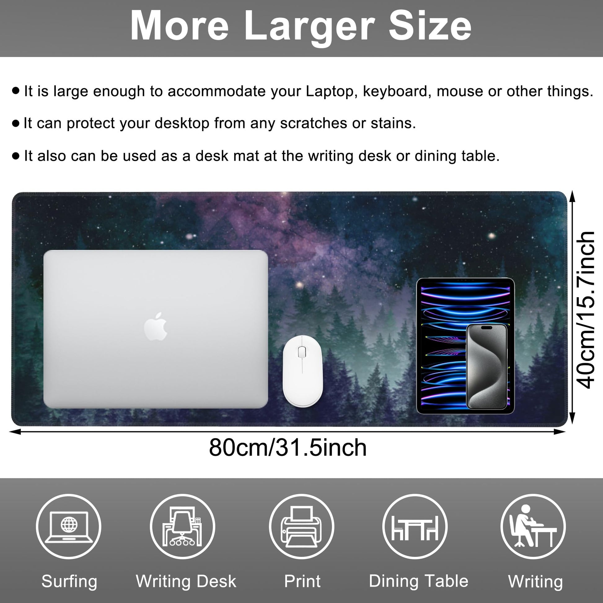 Mouse Pad, Large Galaxy Space Forest Desk Mat, Extended Non-Slip Gaming Keyboard Mousepad Desk Pad