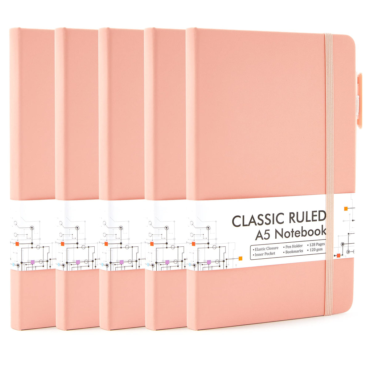 feela 5 Pack Notebooks Journals Bulk, Hardcover Classic Ruled Lined Journals with Pen Holder for